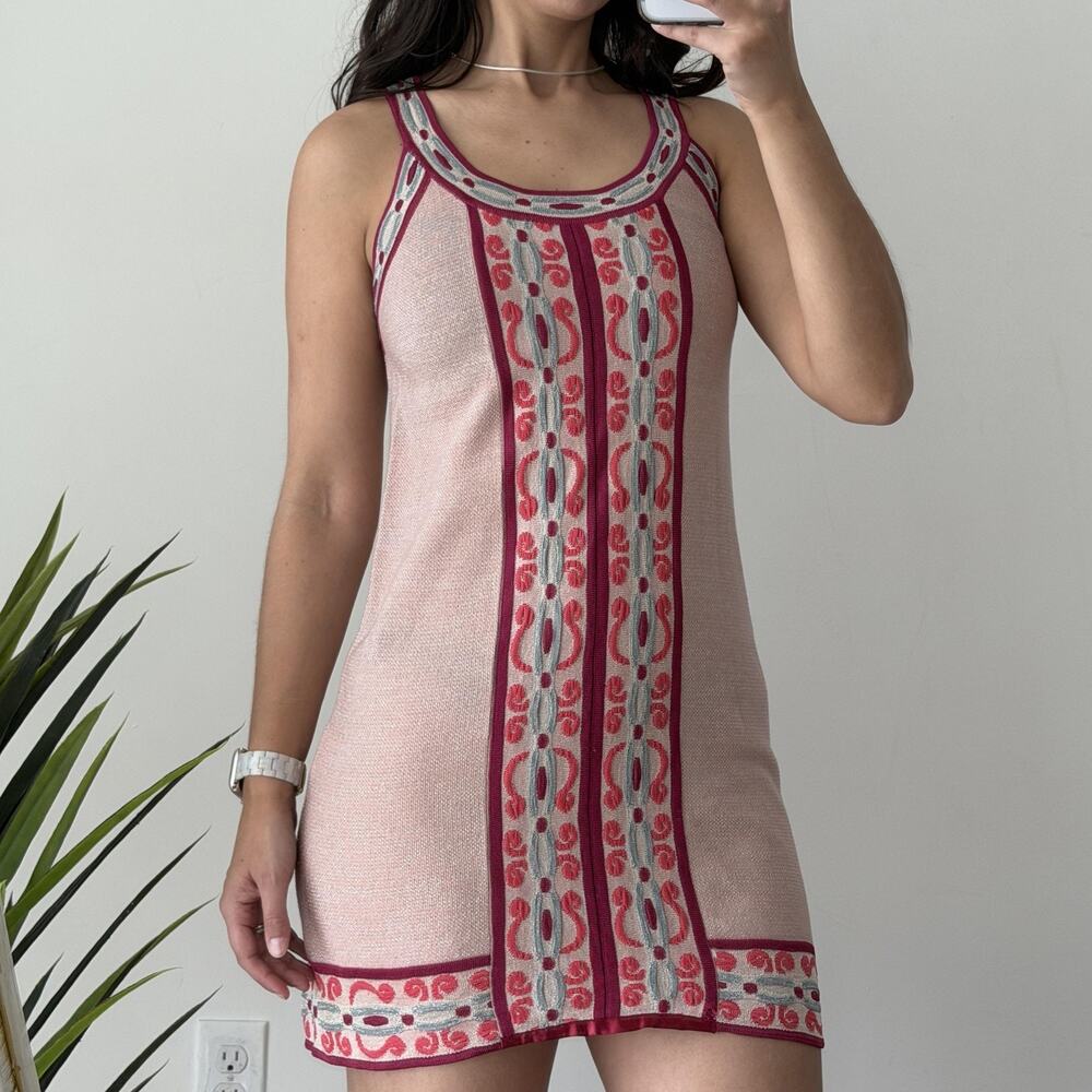 M Missoni Dress 6 Pink Knit Geometric Textured Tank Mini Italy Boho Party